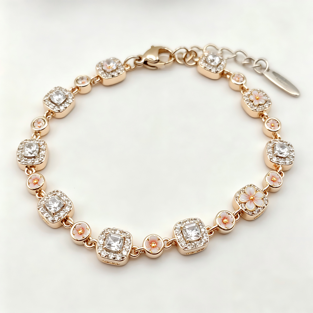 Elegant Floral Crystal Link Bracelet in Rose Gold Finish