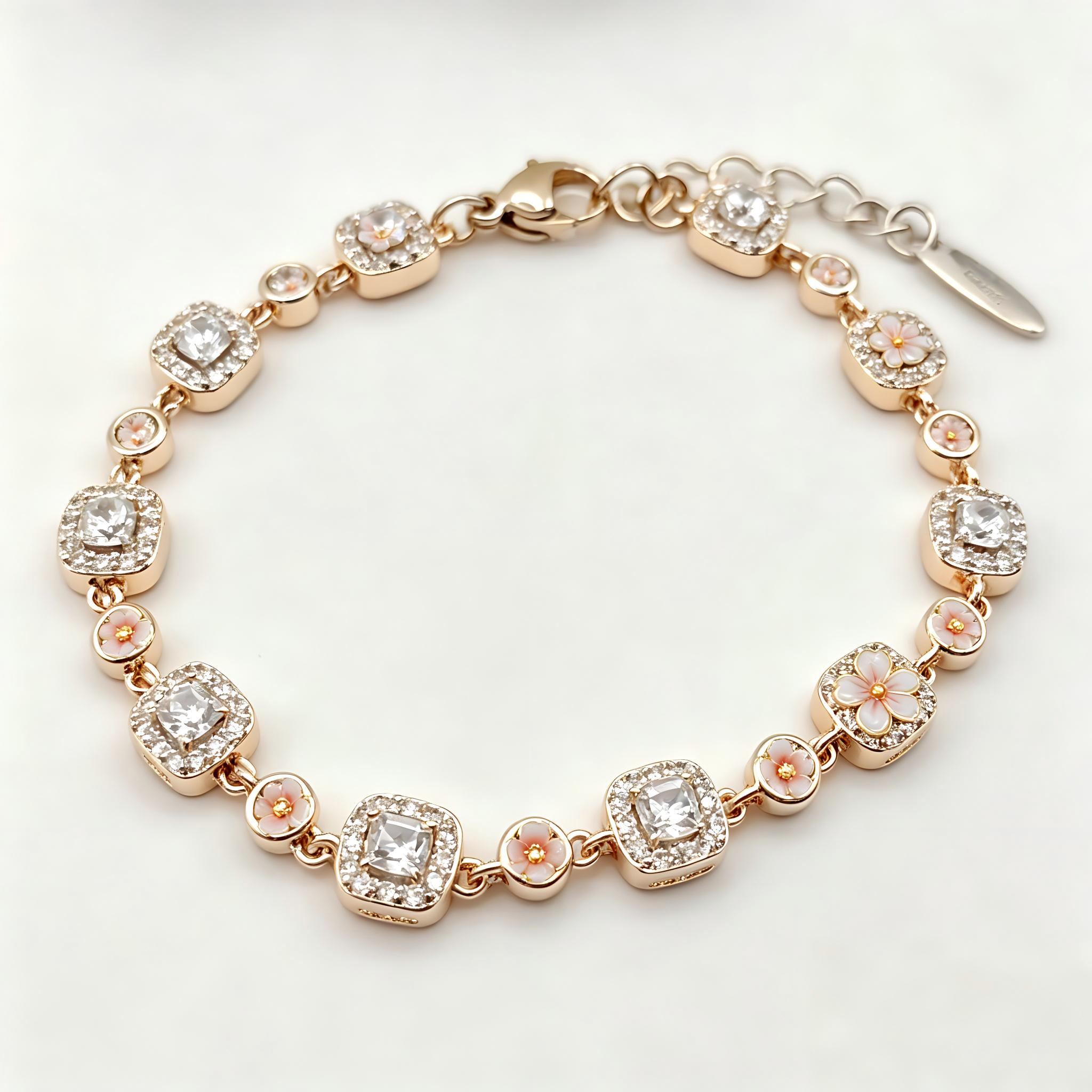 Elegant Floral Crystal Link Bracelet in Rose Gold Finish