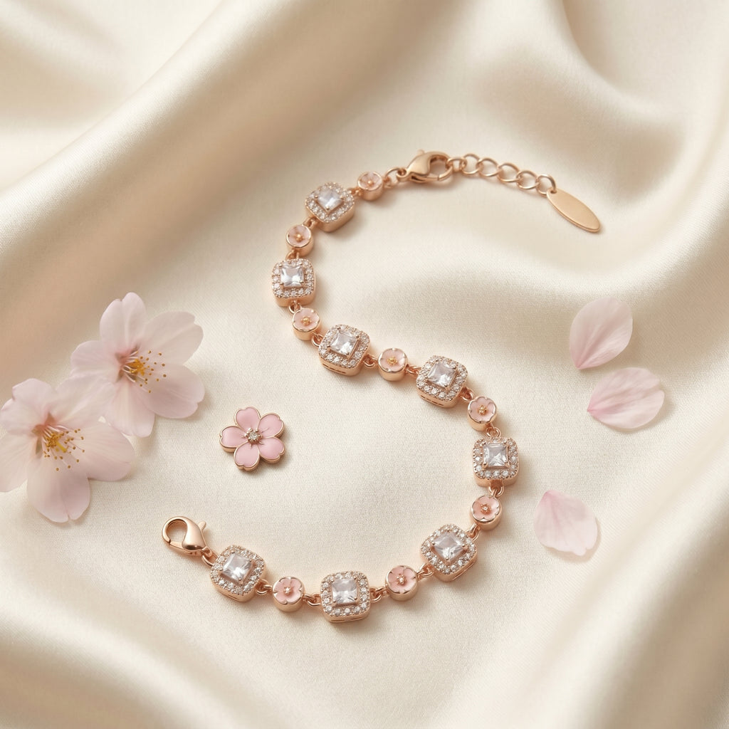 Elegant Floral Crystal Link Bracelet in Rose Gold Finish