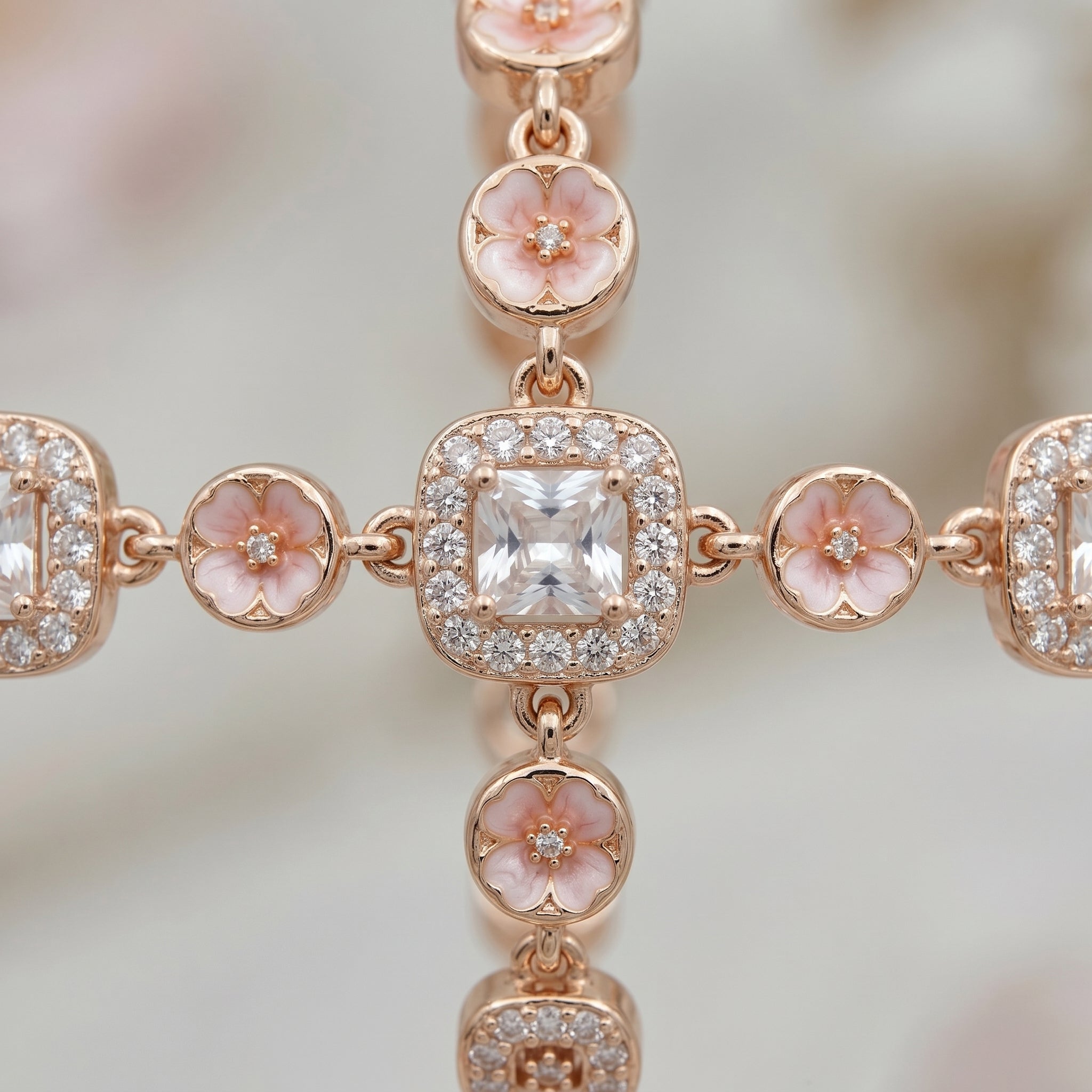 Elegant Floral Crystal Link Bracelet in Rose Gold Finish