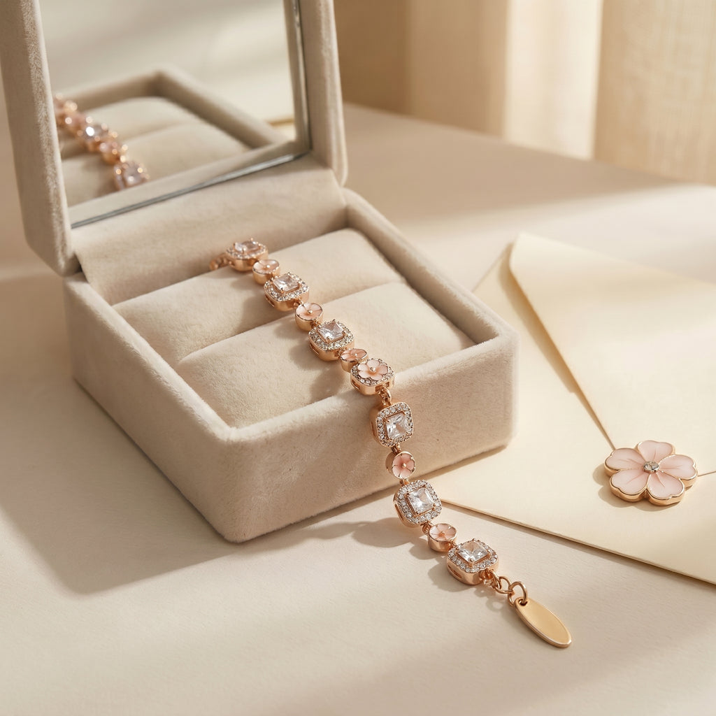 Elegant Floral Crystal Link Bracelet in Rose Gold Finish