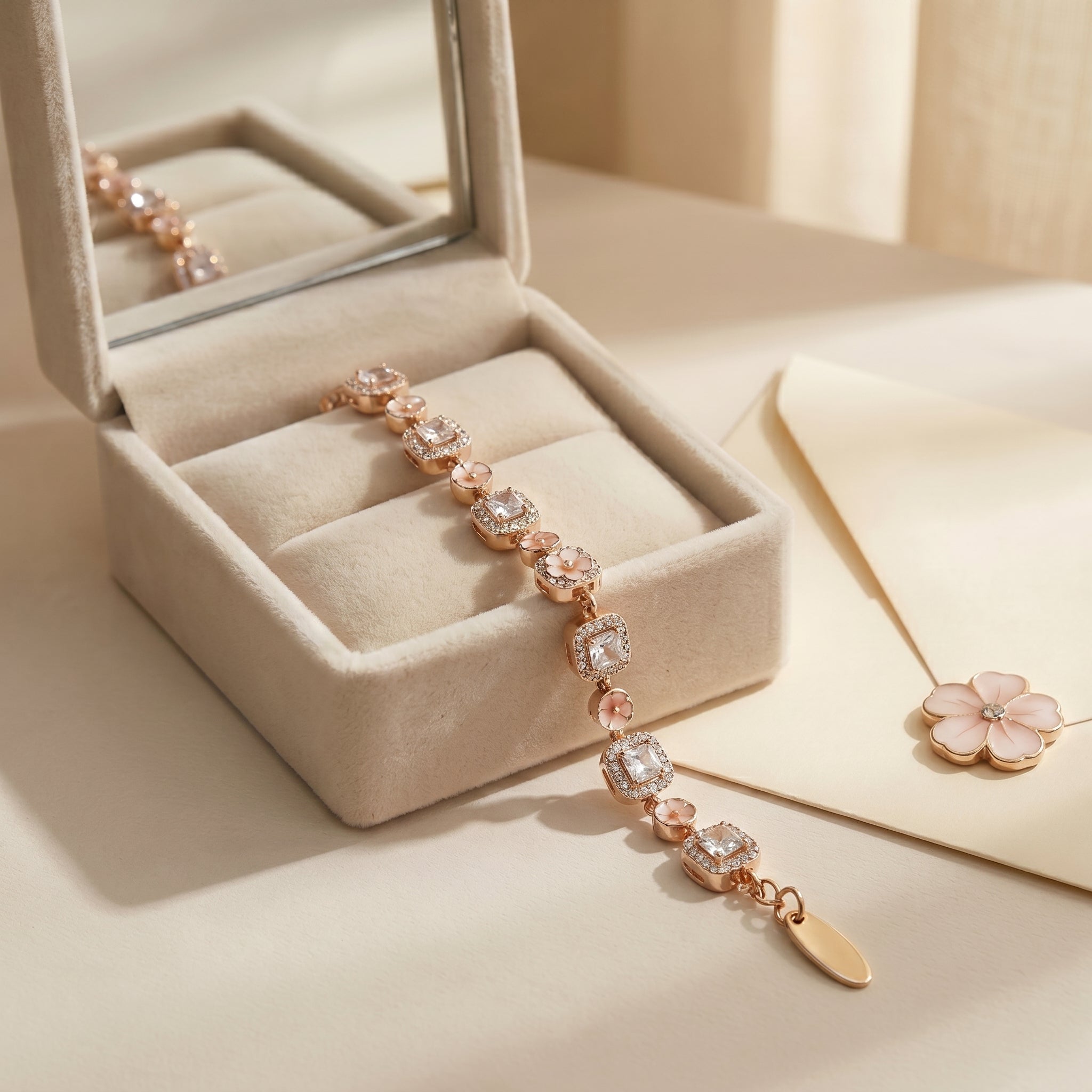 Elegant Floral Crystal Link Bracelet in Rose Gold Finish