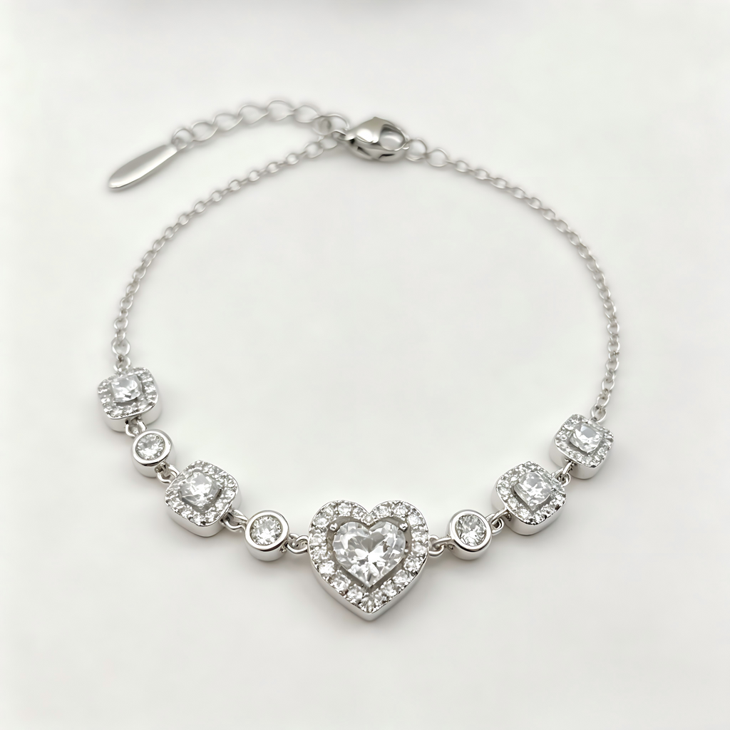 Romantic Heart Crystal Chain Bracelet in Polished Silver Finish