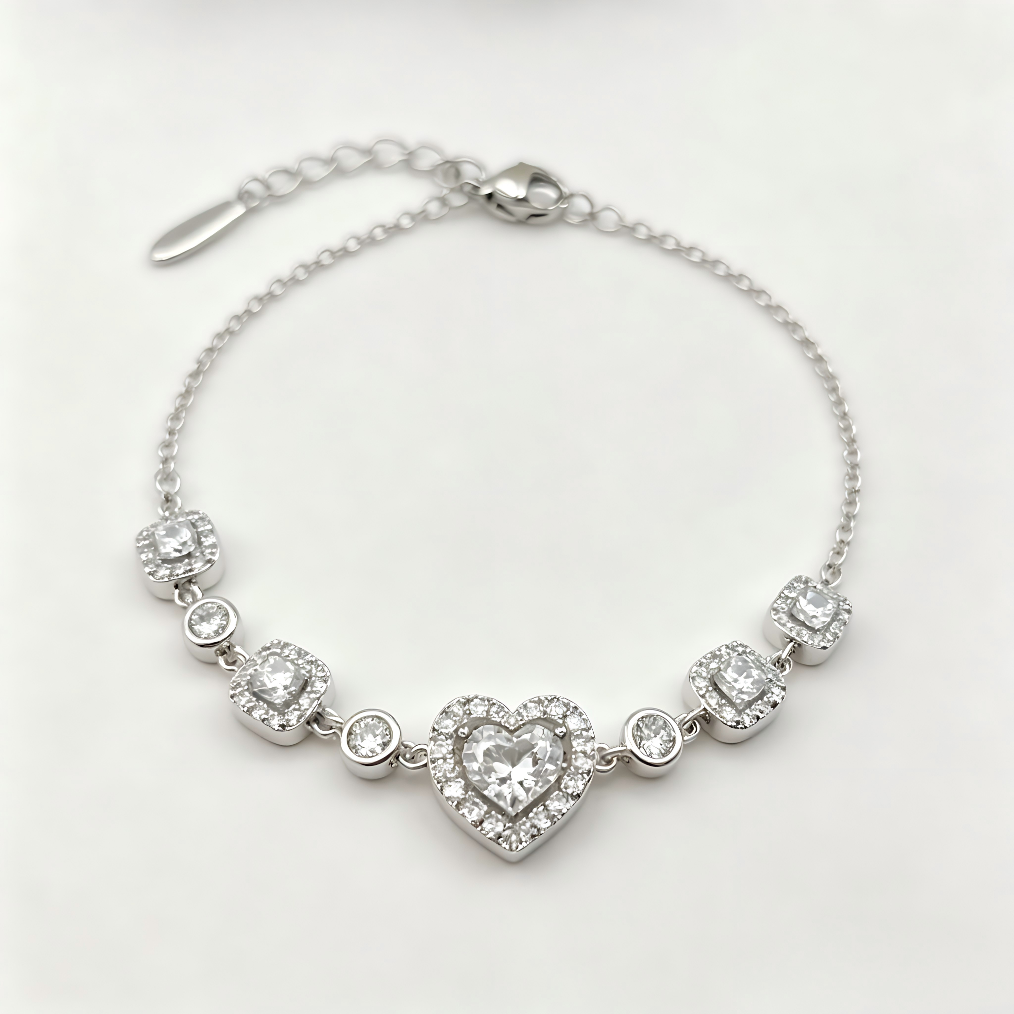 Romantic Heart Crystal Chain Bracelet in Polished Silver Finish