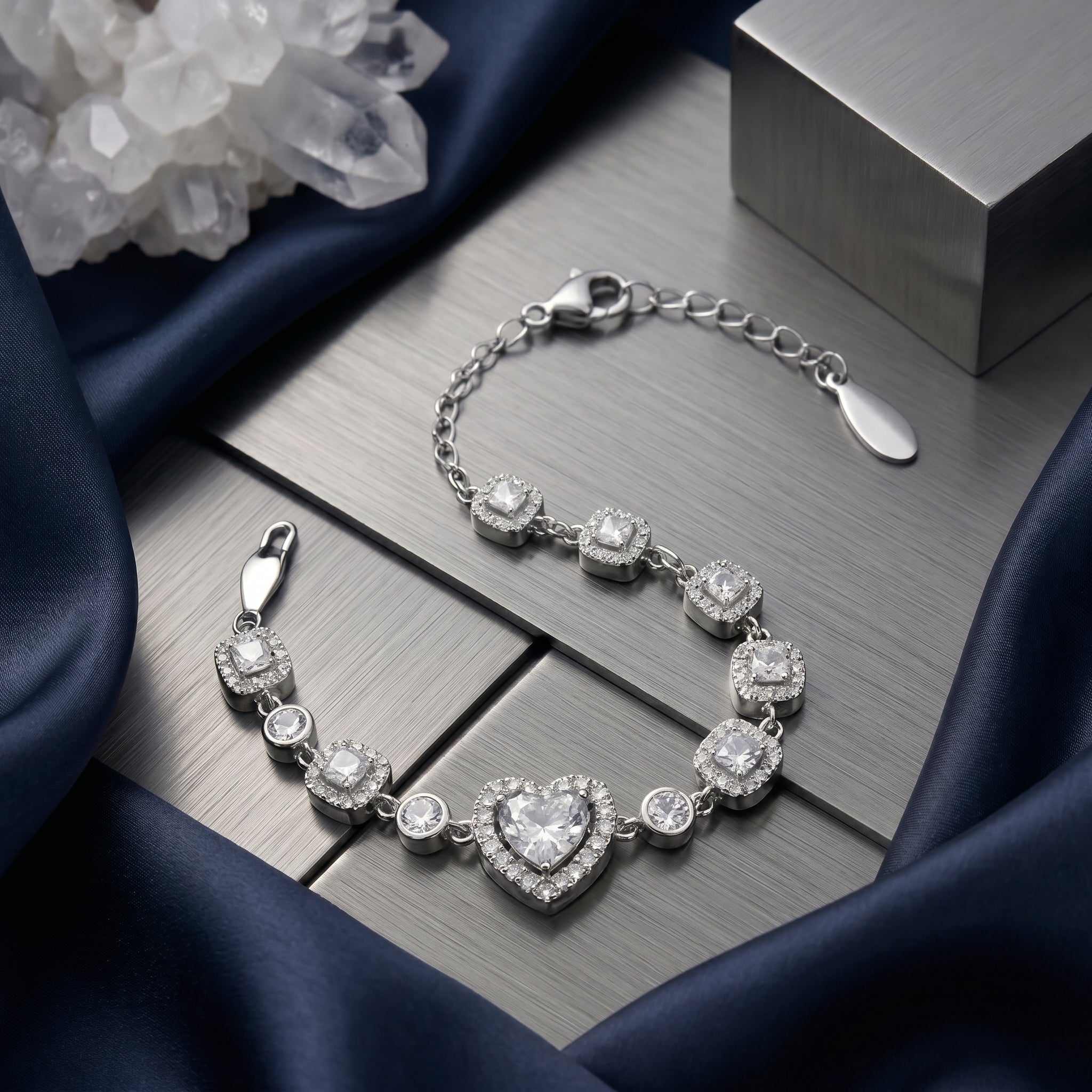Romantic Heart Crystal Chain Bracelet in Polished Silver Finish