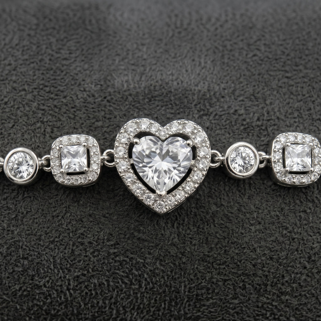 Romantic Heart Crystal Chain Bracelet in Polished Silver Finish