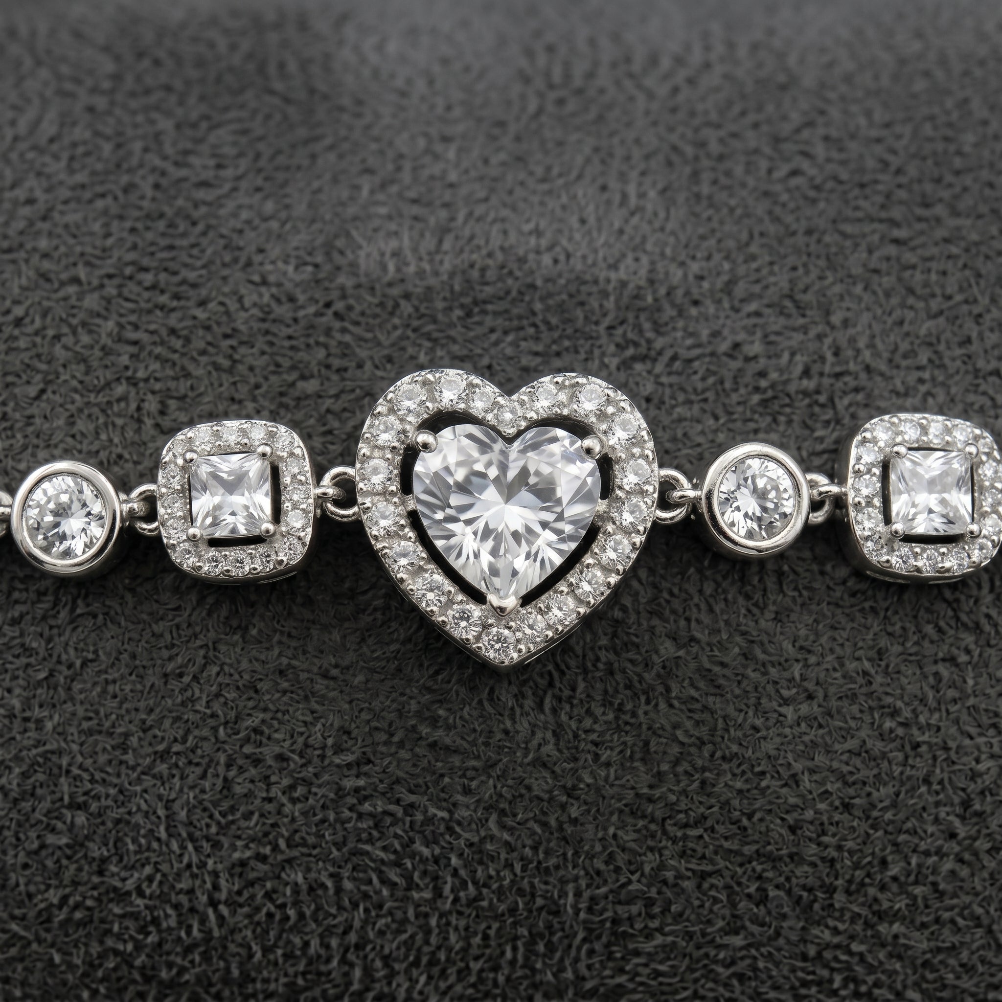 Romantic Heart Crystal Chain Bracelet in Polished Silver Finish