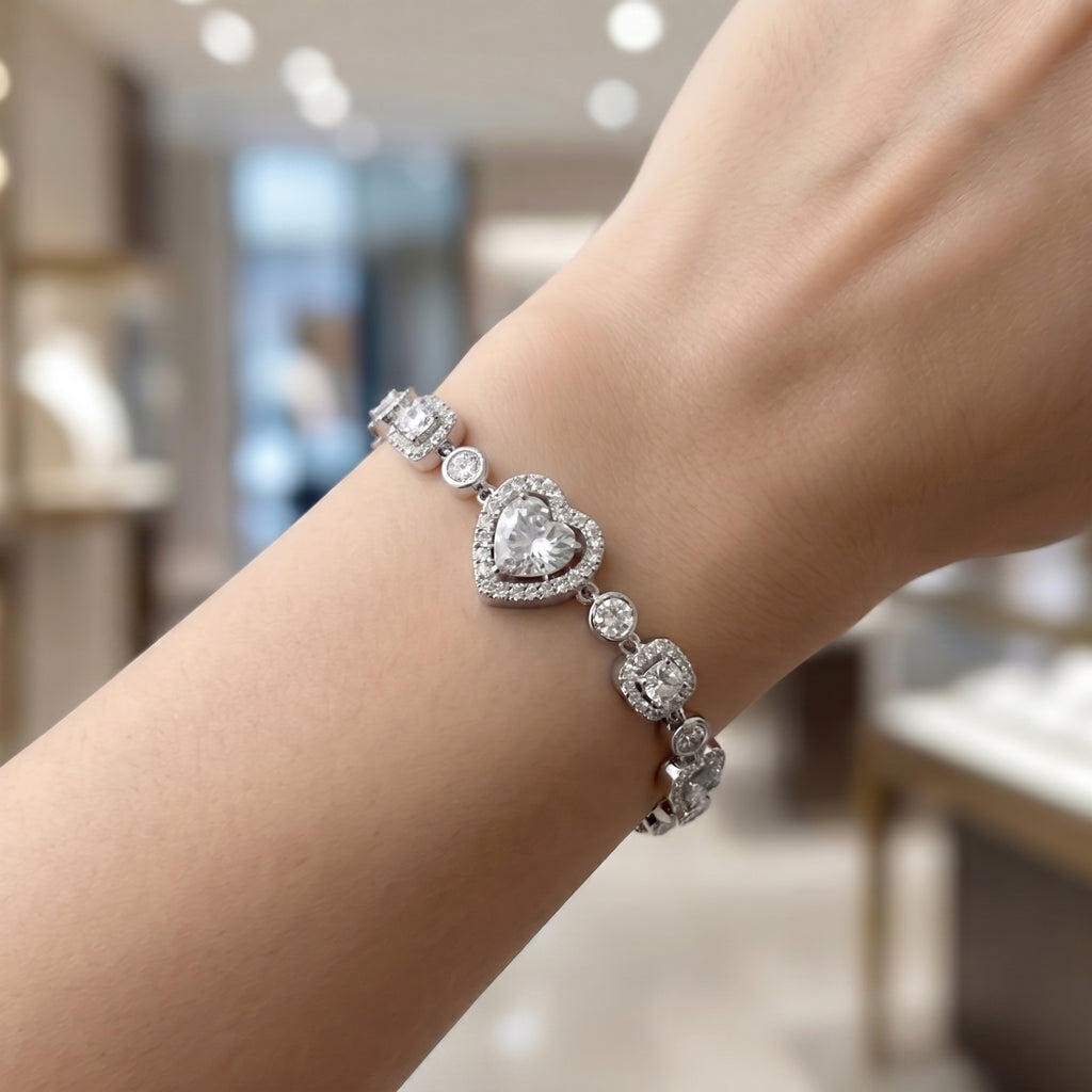 Romantic Heart Crystal Chain Bracelet in Polished Silver Finish