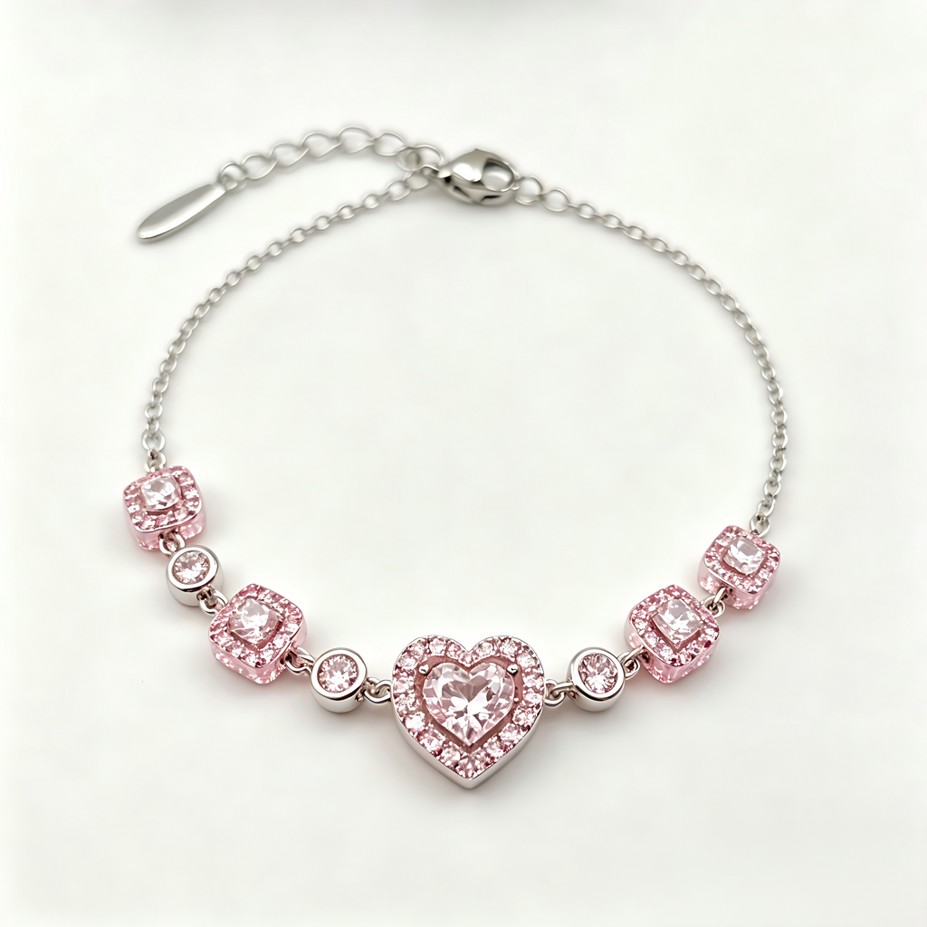 Blush Pink Heart Crystal Chain Bracelet in Polished Silver Finish