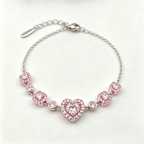 Blush Pink Heart Crystal Chain Bracelet in Polished Silver Finish