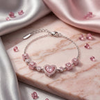 Blush Pink Heart Crystal Chain Bracelet in Polished Silver Finish