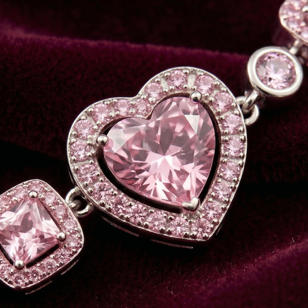 Blush Pink Heart Crystal Chain Bracelet in Polished Silver Finish