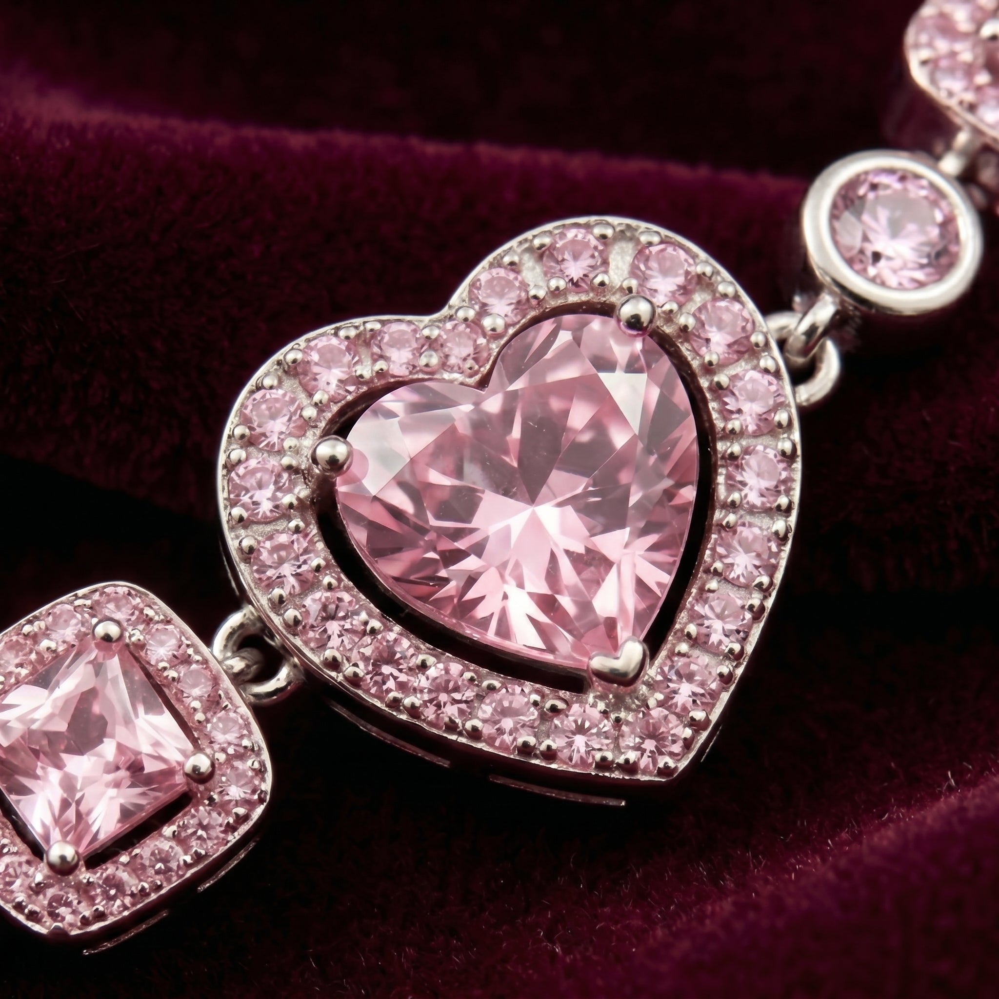 Blush Pink Heart Crystal Chain Bracelet in Polished Silver Finish