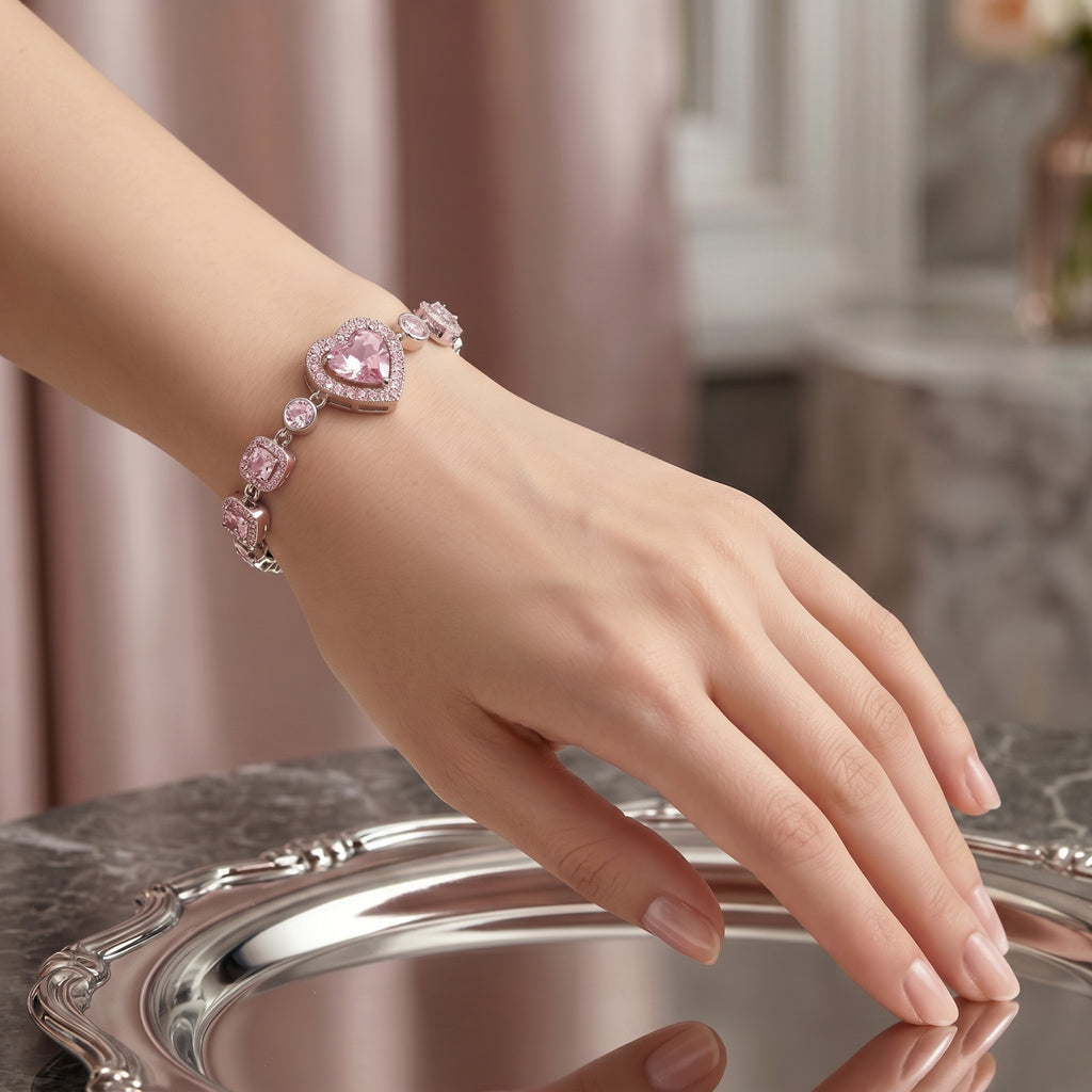 Blush Pink Heart Crystal Chain Bracelet in Polished Silver Finish