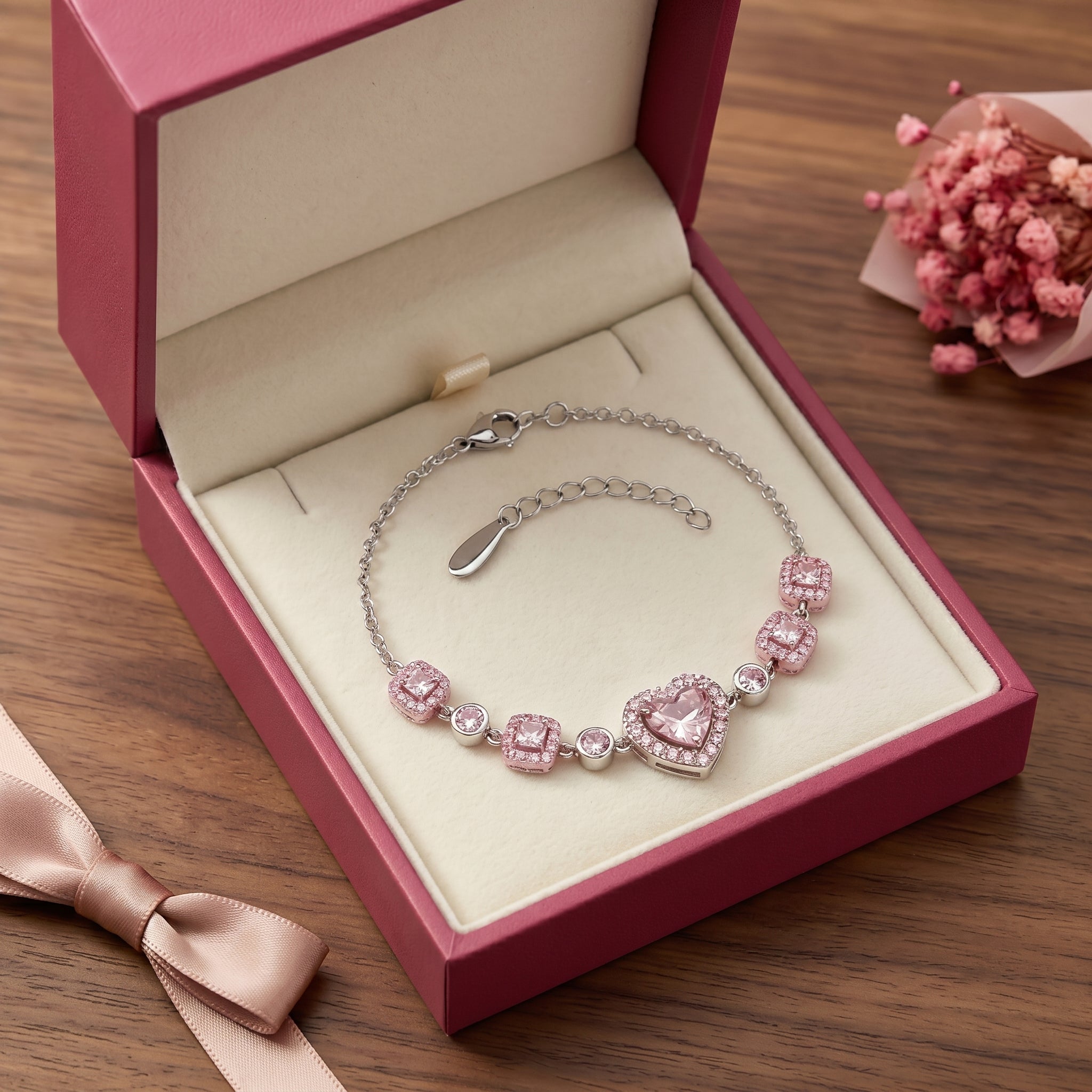 Blush Pink Heart Crystal Chain Bracelet in Polished Silver Finish