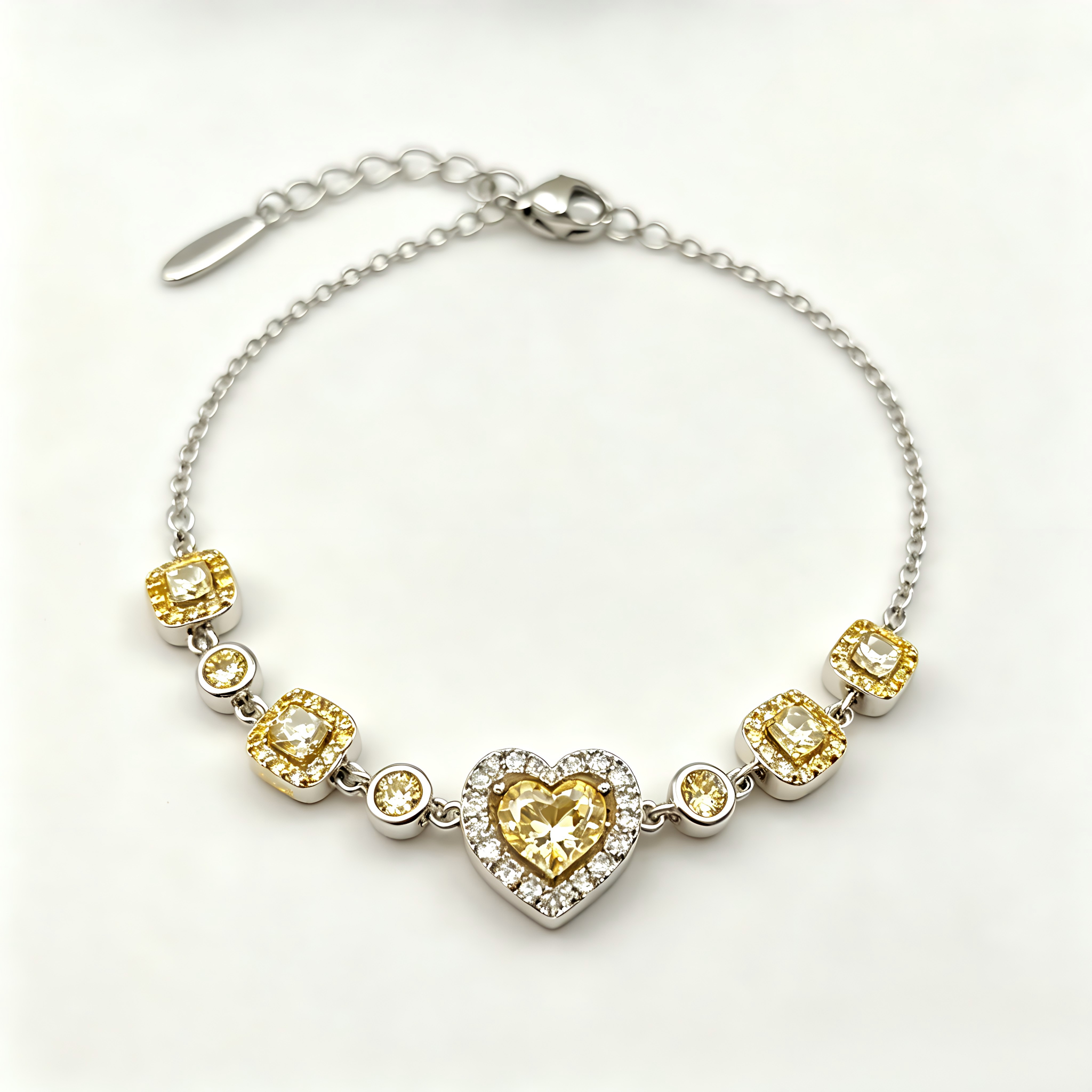 Golden Heart Crystal Chain Bracelet in Polished Silver Finish