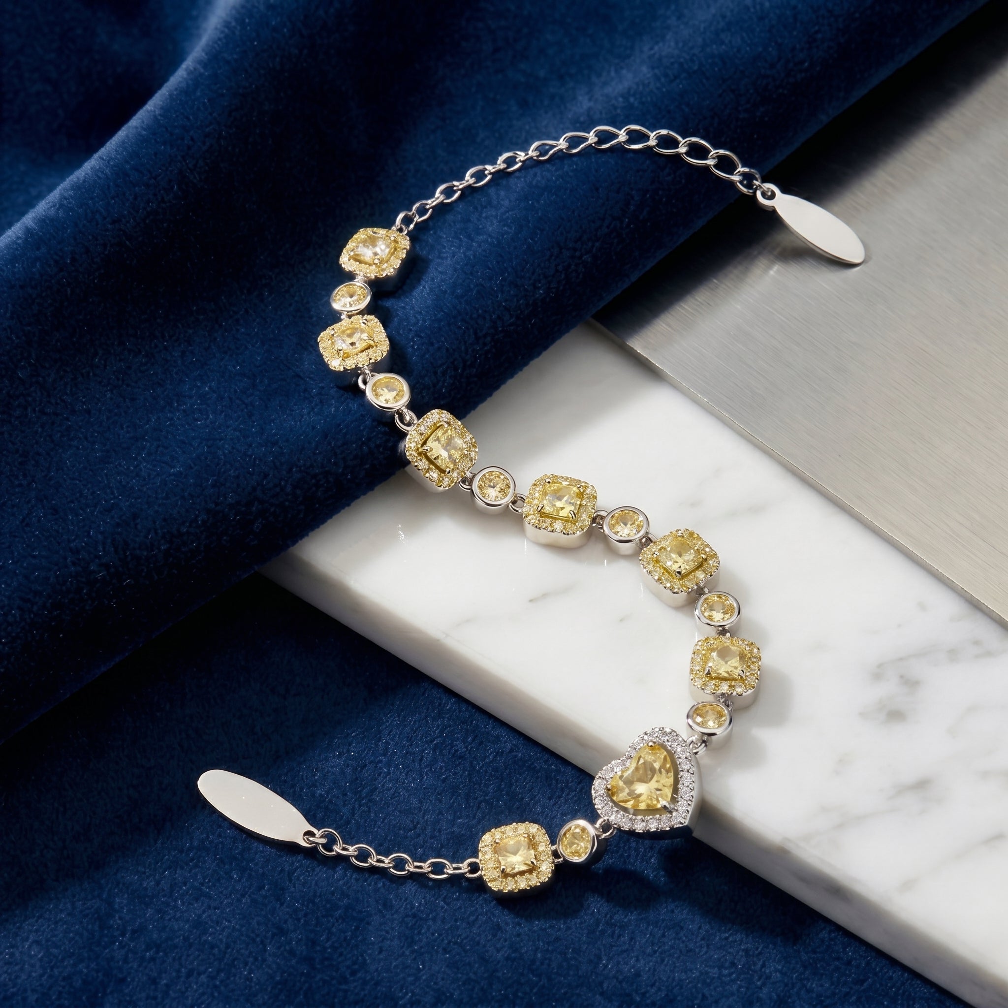 Golden Heart Crystal Chain Bracelet in Polished Silver Finish