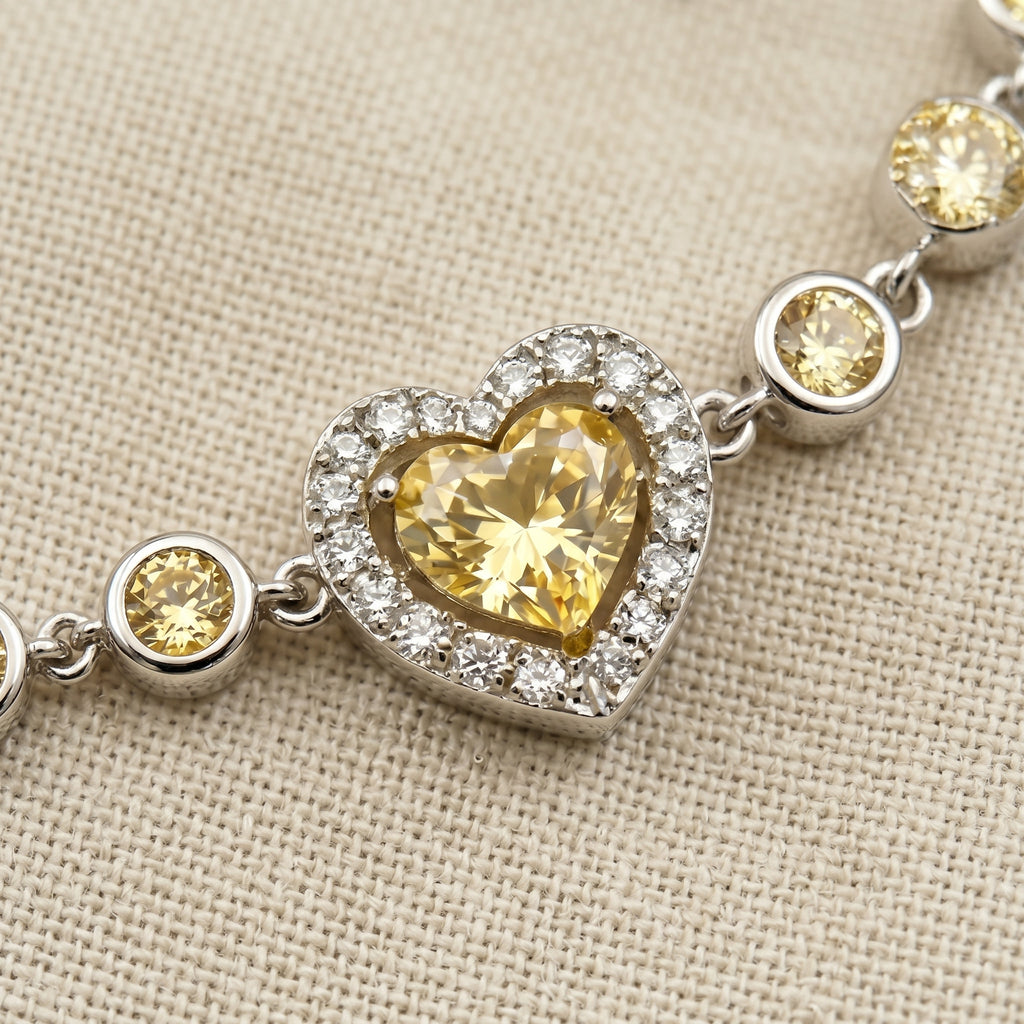 Golden Heart Crystal Chain Bracelet in Polished Silver Finish