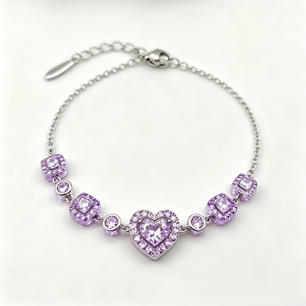 Lavender Heart Crystal Chain Bracelet in Polished Silver Finish