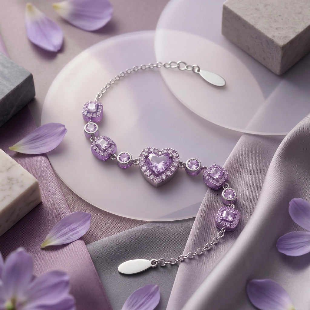 Lavender Heart Crystal Chain Bracelet in Polished Silver Finish