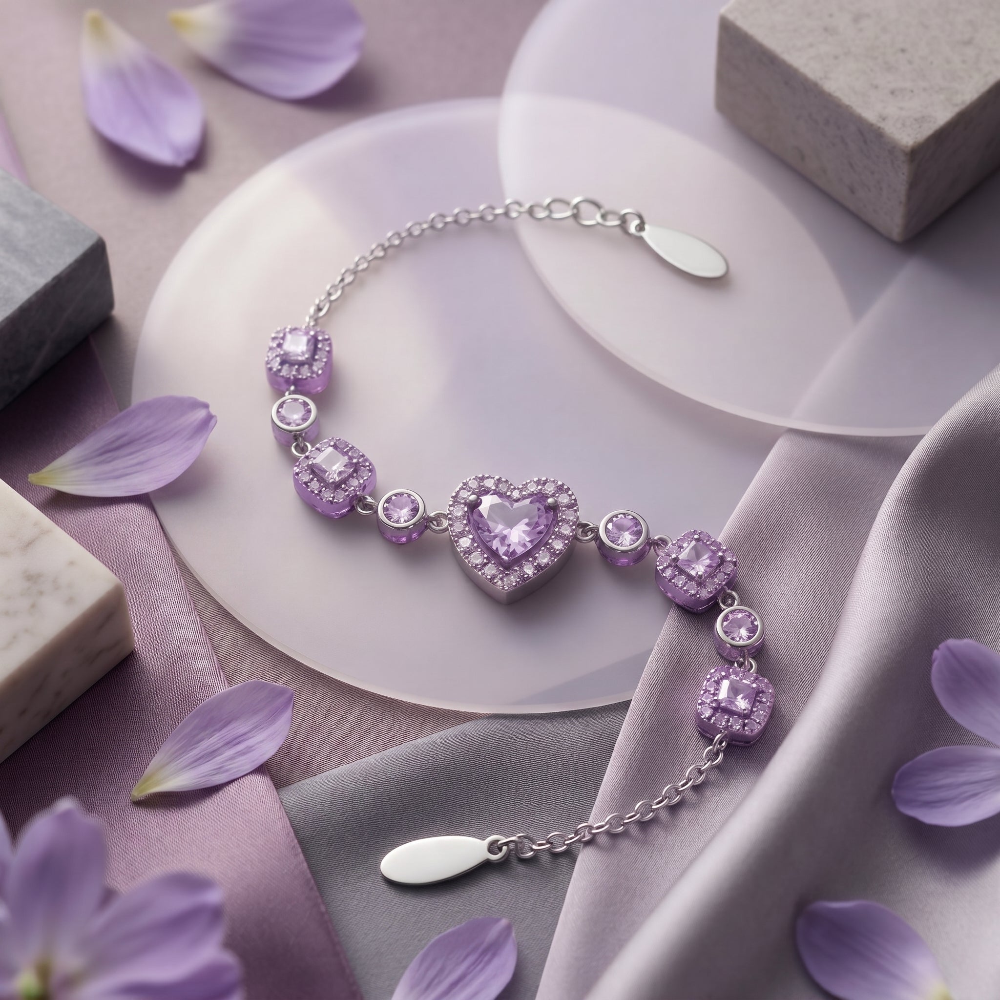 Lavender Heart Crystal Chain Bracelet in Polished Silver Finish