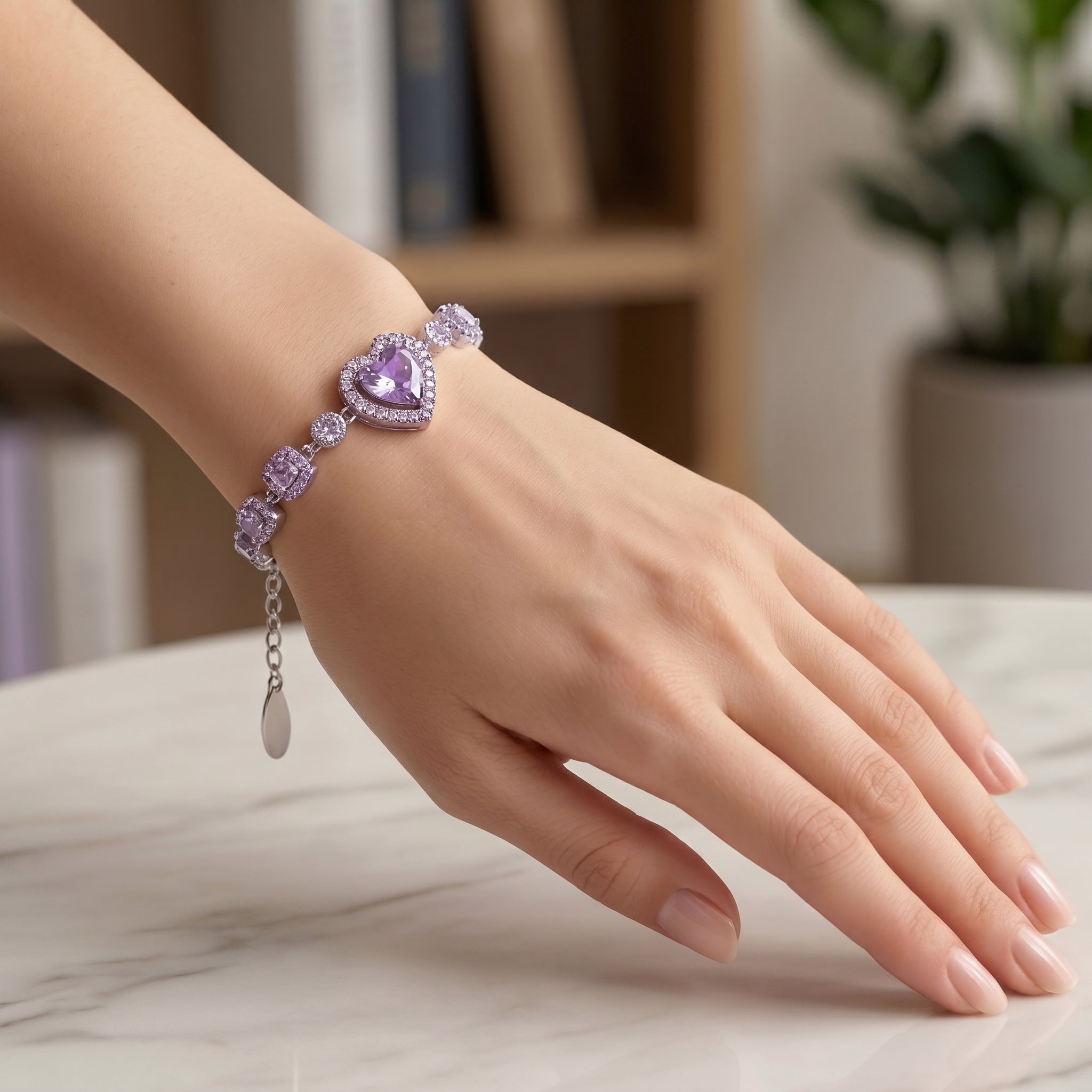 Lavender Heart Crystal Chain Bracelet in Polished Silver Finish