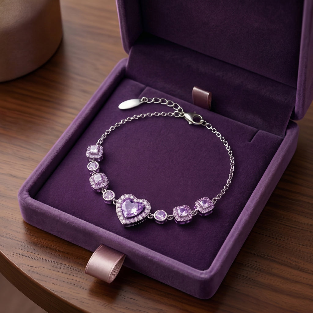 Lavender Heart Crystal Chain Bracelet in Polished Silver Finish