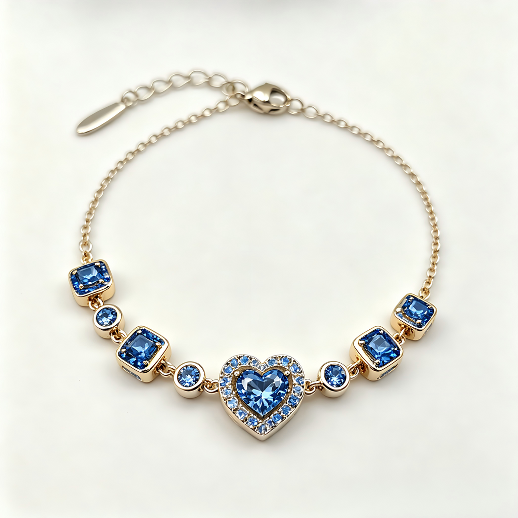 Royal Blue Heart Crystal Chain Bracelet in Gold Finish