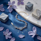 Royal Blue Heart Crystal Chain Bracelet in Gold Finish