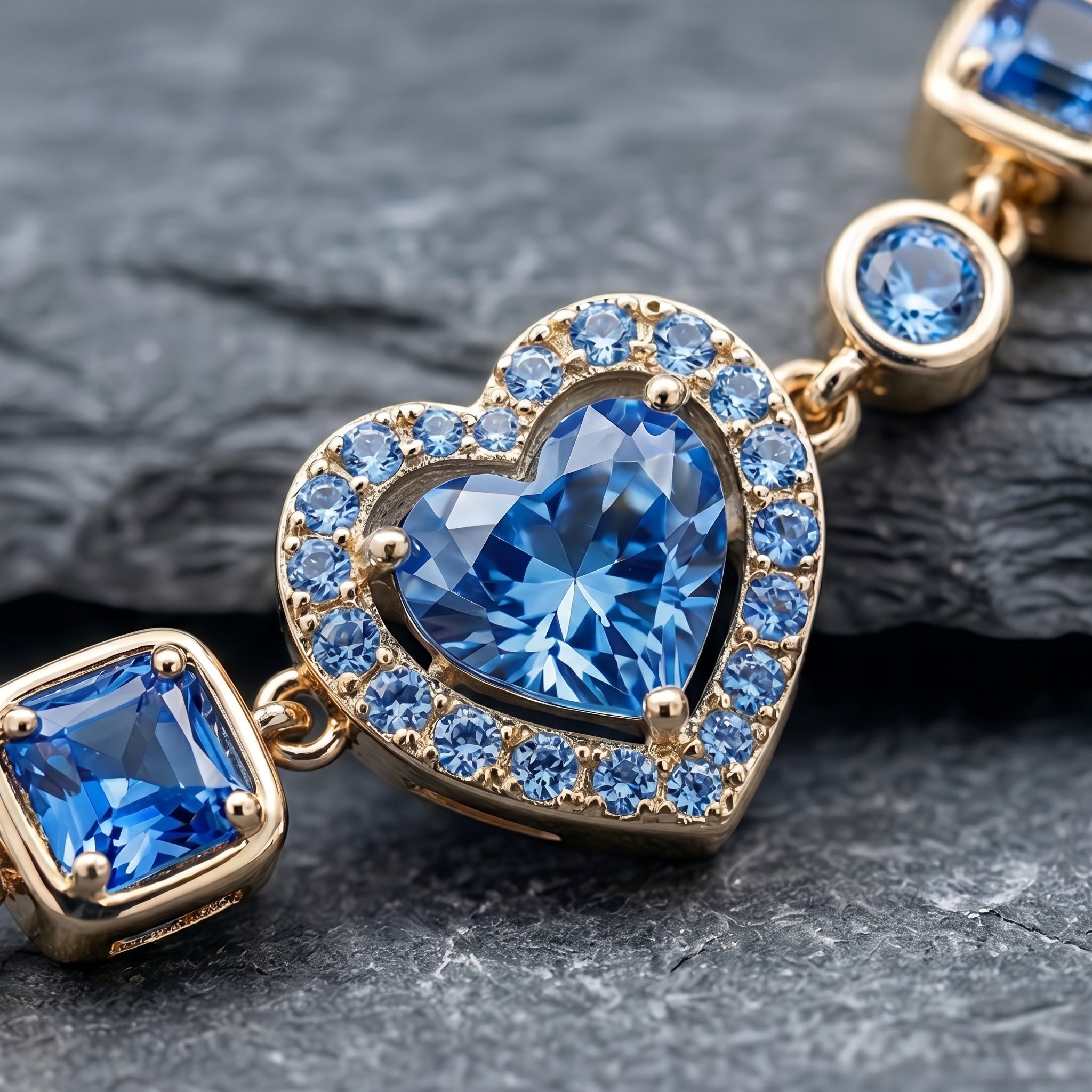 Royal Blue Heart Crystal Chain Bracelet in Gold Finish