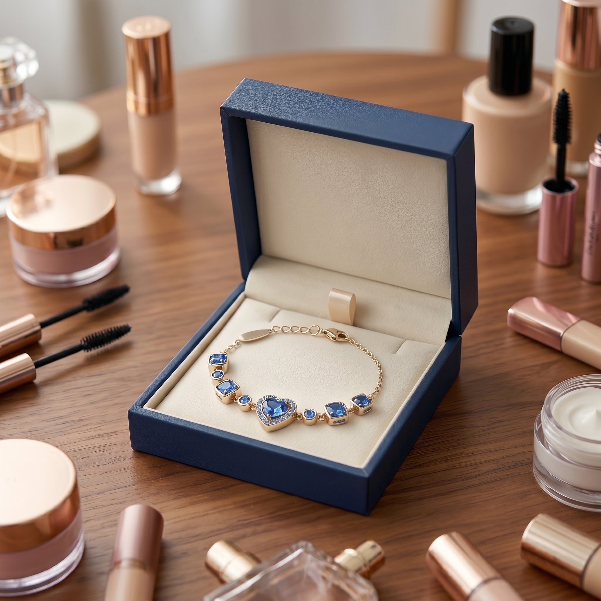 Royal Blue Heart Crystal Chain Bracelet in Gold Finish