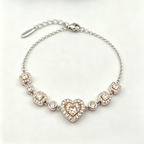 Champagne Heart Crystal Chain Bracelet in Polished Silver Finish