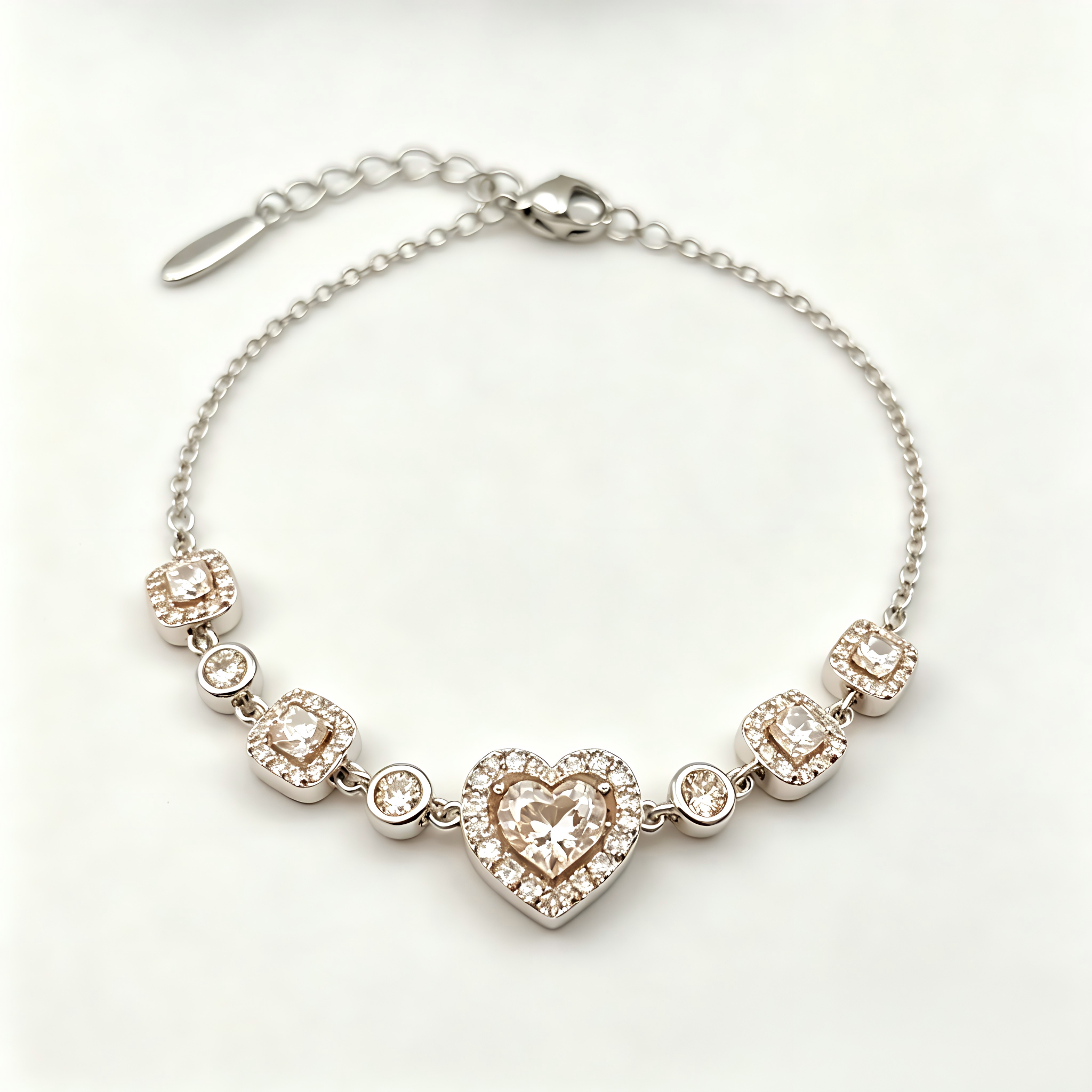 Champagne Heart Crystal Chain Bracelet in Polished Silver Finish