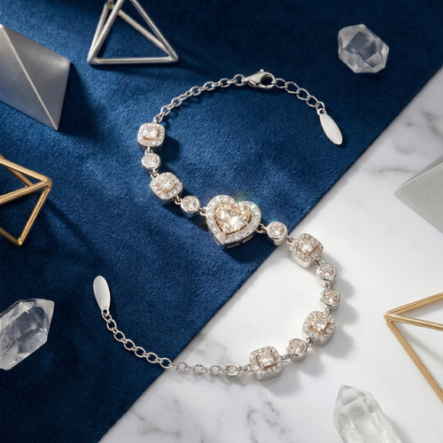 Champagne Heart Crystal Chain Bracelet in Polished Silver Finish