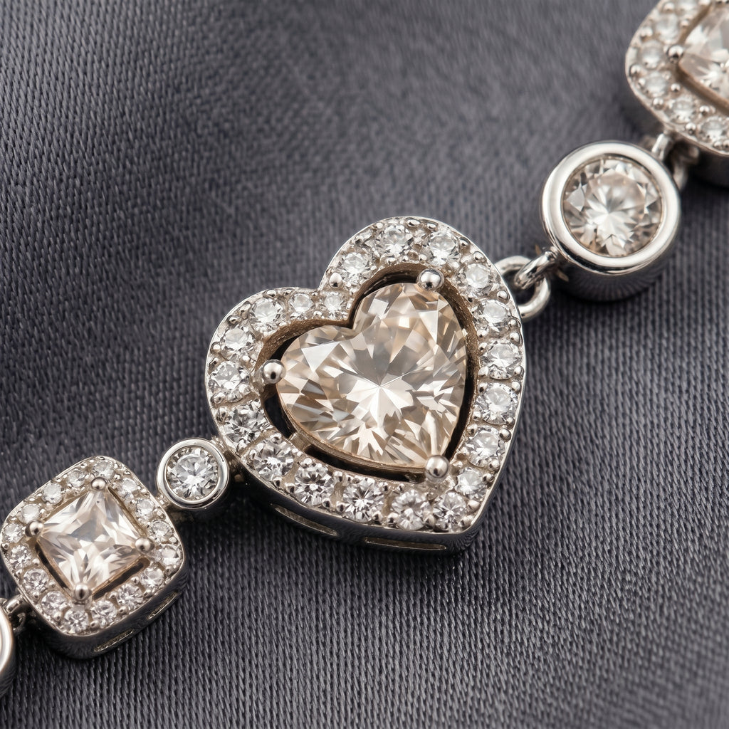 Champagne Heart Crystal Chain Bracelet in Polished Silver Finish
