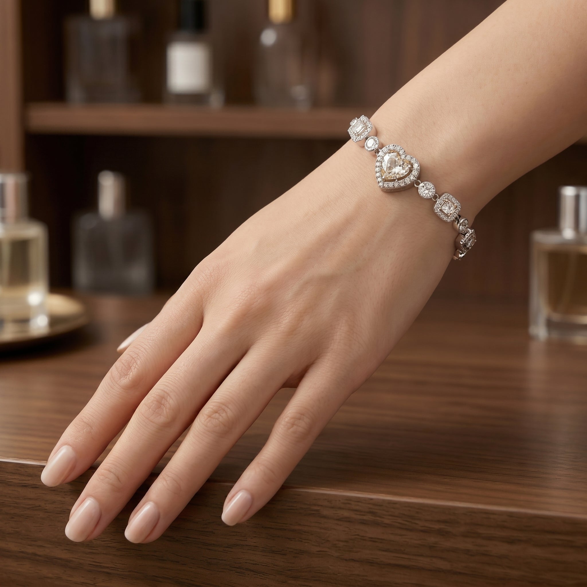 Champagne Heart Crystal Chain Bracelet in Polished Silver Finish