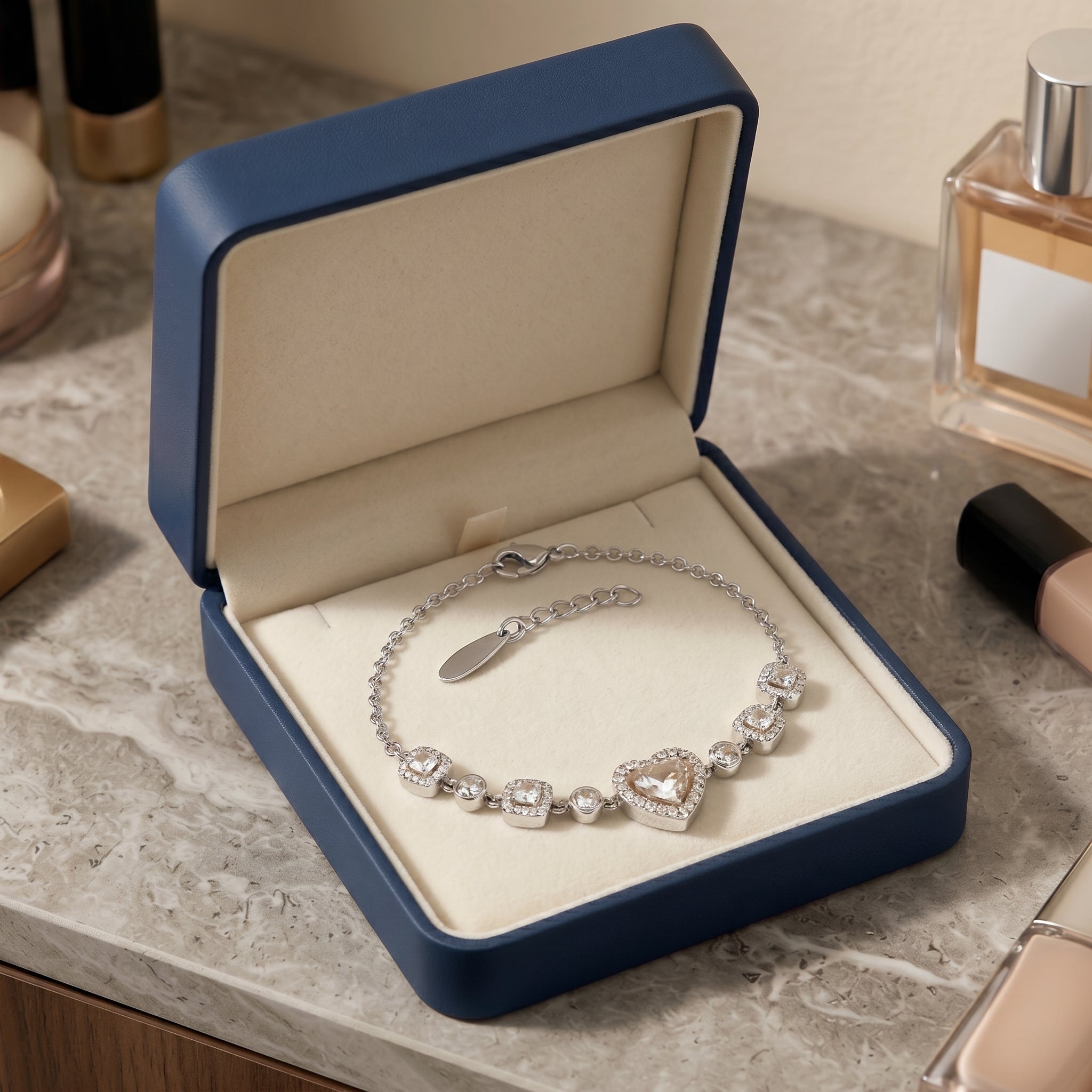 Champagne Heart Crystal Chain Bracelet in Polished Silver Finish