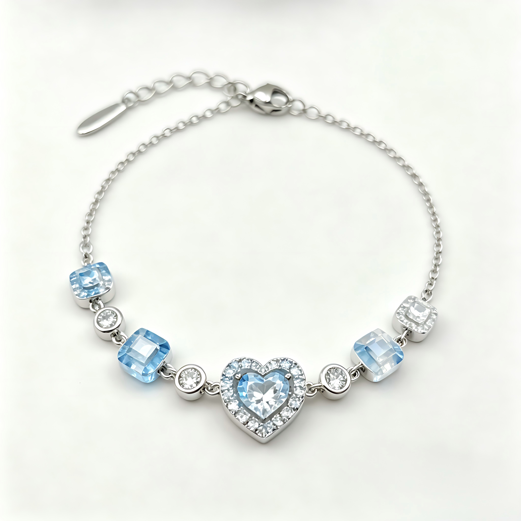 Sky Blue Heart Crystal Chain Bracelet in Polished Silver Finish