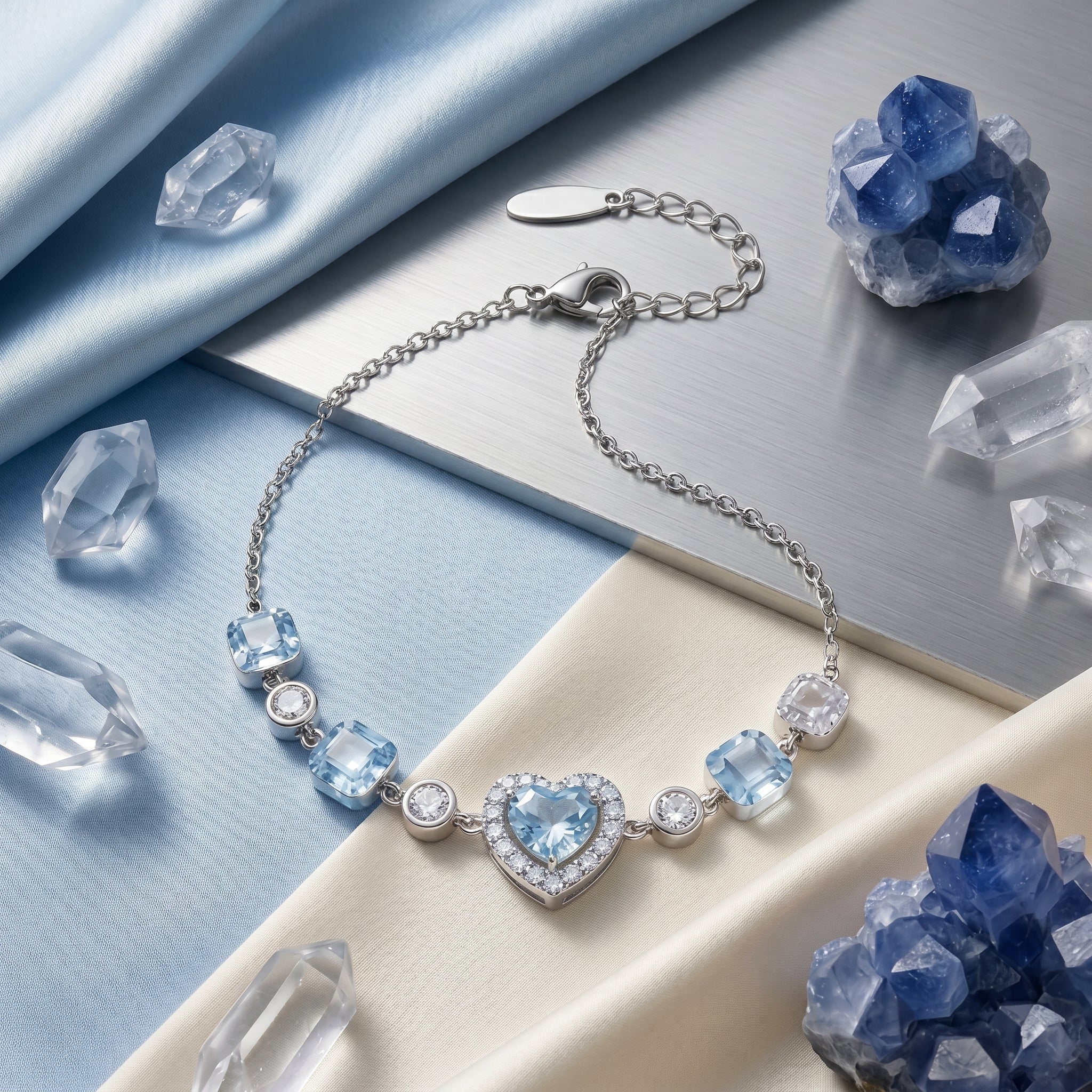 Sky Blue Heart Crystal Chain Bracelet in Polished Silver Finish
