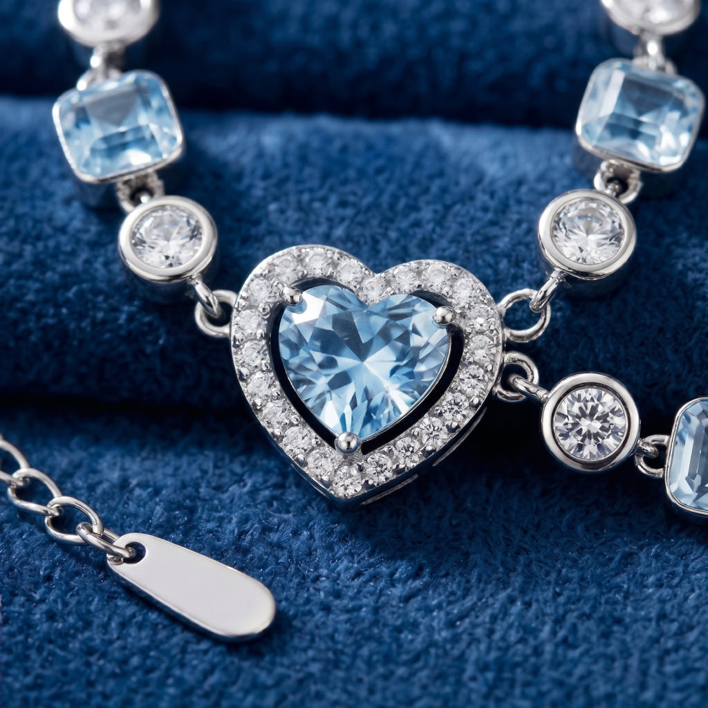 Sky Blue Heart Crystal Chain Bracelet in Polished Silver Finish