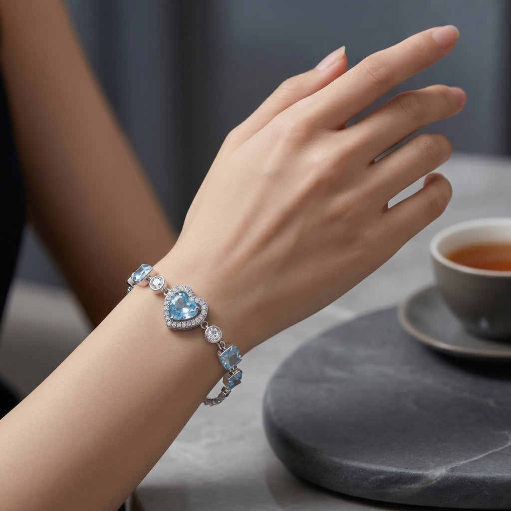Sky Blue Heart Crystal Chain Bracelet in Polished Silver Finish