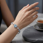 Sky Blue Heart Crystal Chain Bracelet in Polished Silver Finish