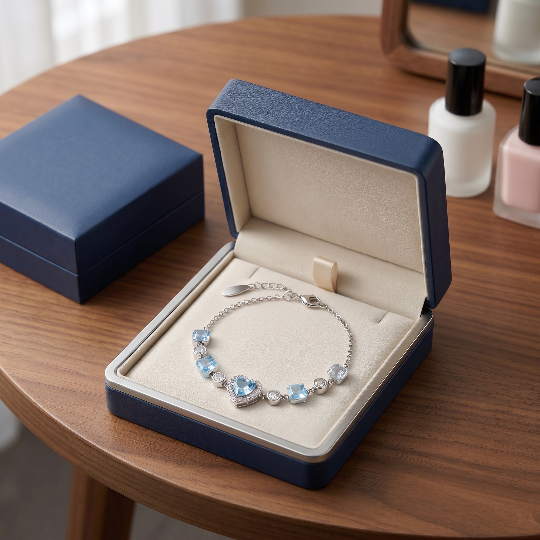 Sky Blue Heart Crystal Chain Bracelet in Polished Silver Finish