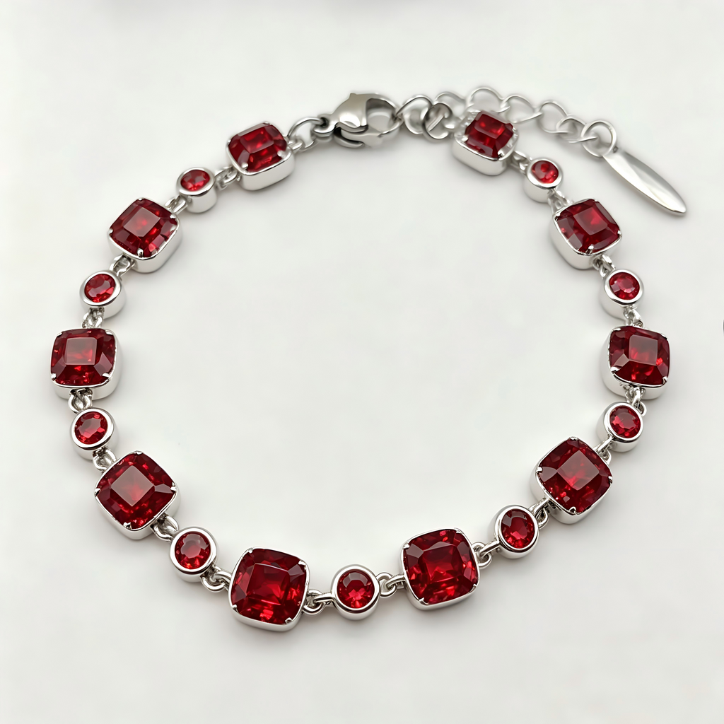 Radiant Red Crystal Link Bracelet in Polished Silver Finish