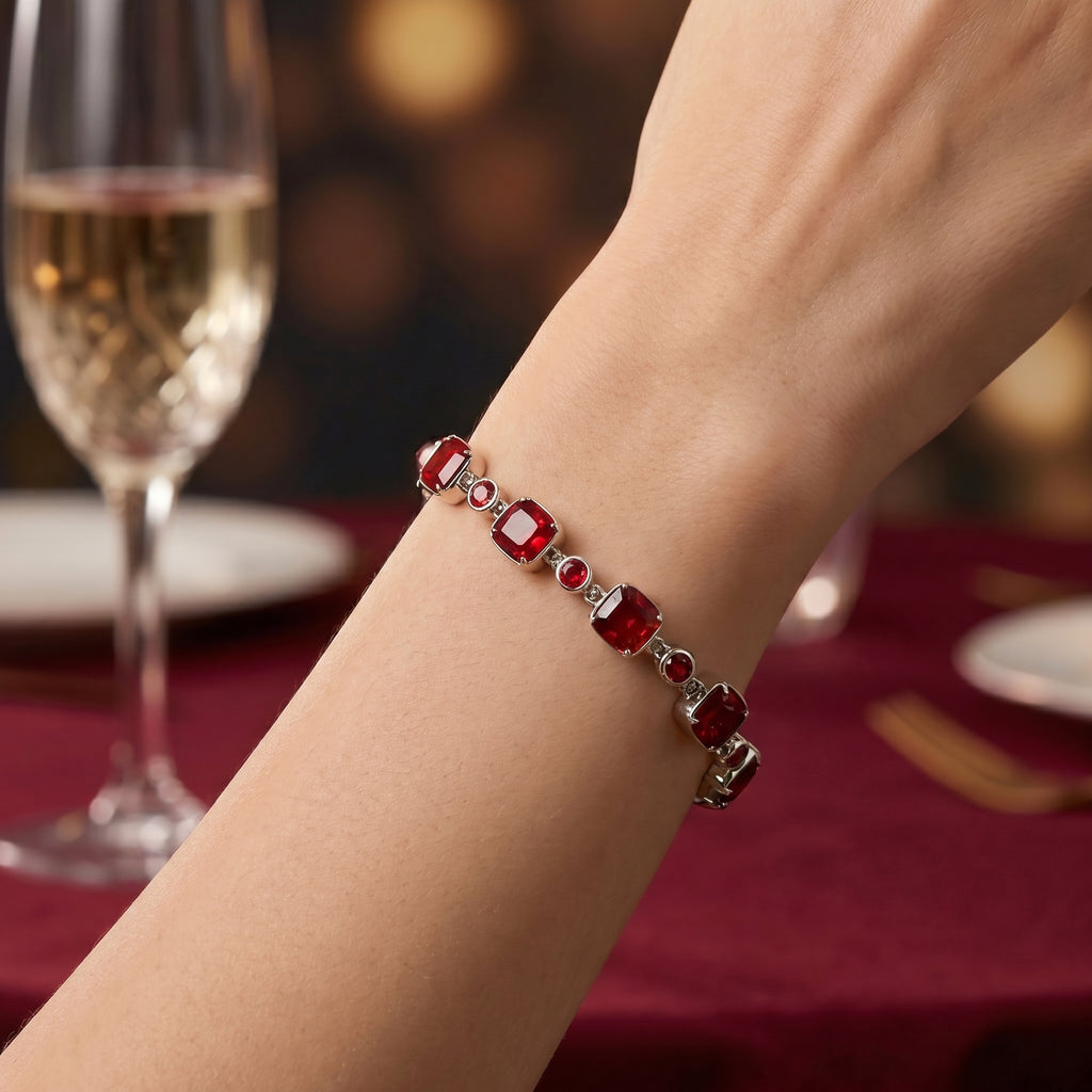 Radiant Red Crystal Link Bracelet in Polished Silver Finish