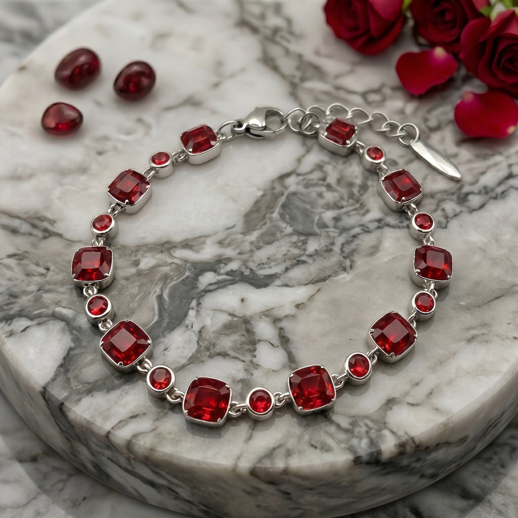 Radiant Red Crystal Link Bracelet in Polished Silver Finish