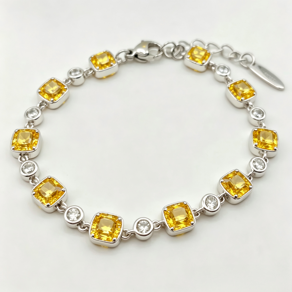 Golden Yellow Crystal Link Bracelet in Polished Silver Finish