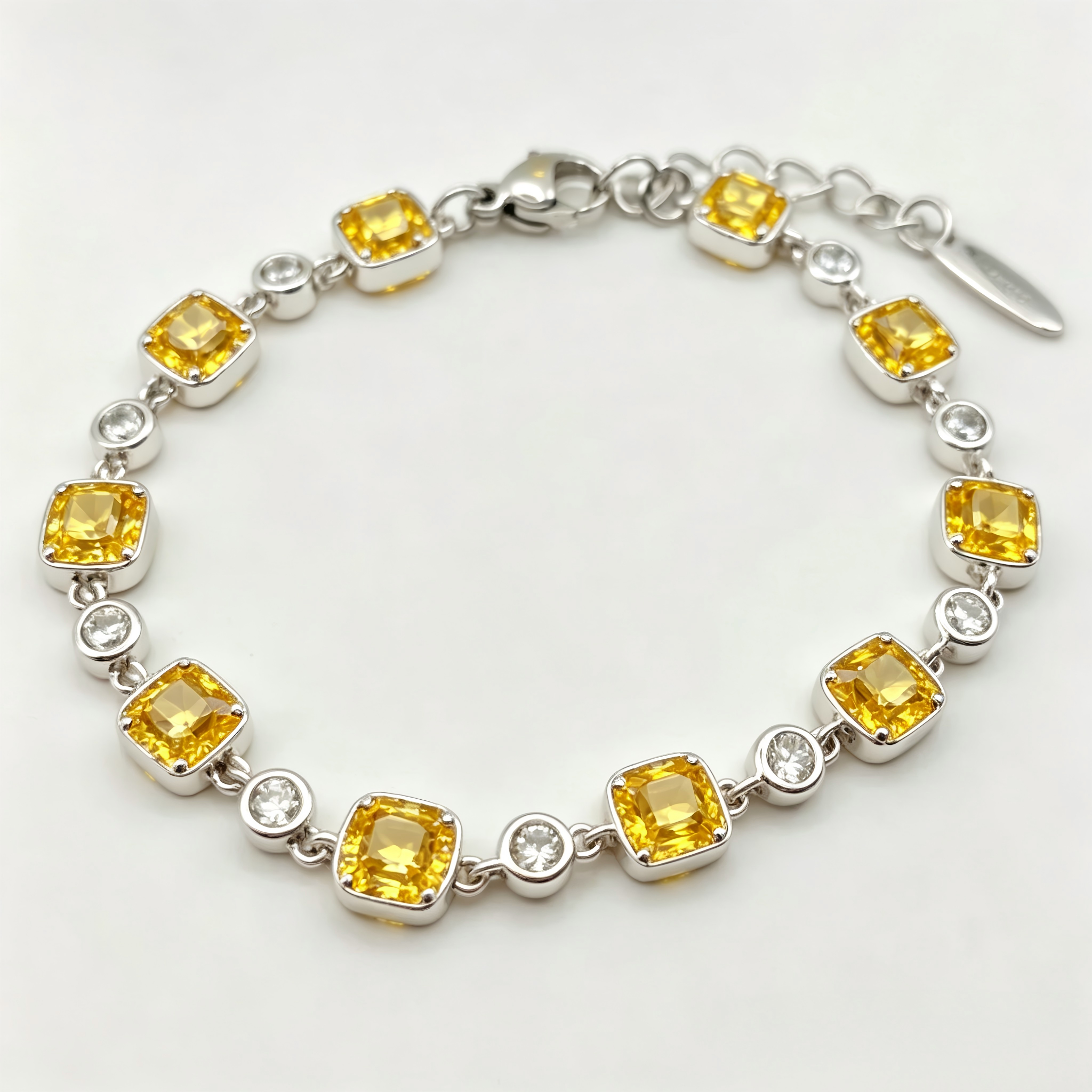 Golden Yellow Crystal Link Bracelet in Polished Silver Finish