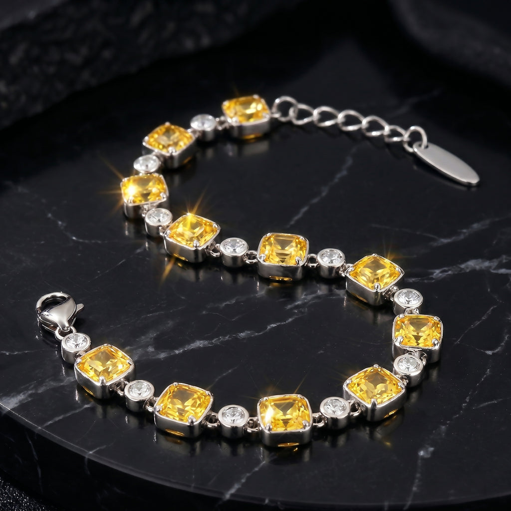 Golden Yellow Crystal Link Bracelet in Polished Silver Finish