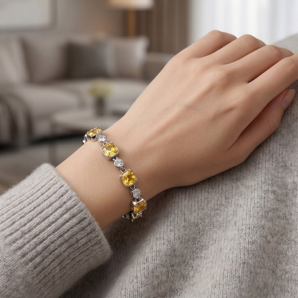 Golden Yellow Crystal Link Bracelet in Polished Silver Finish